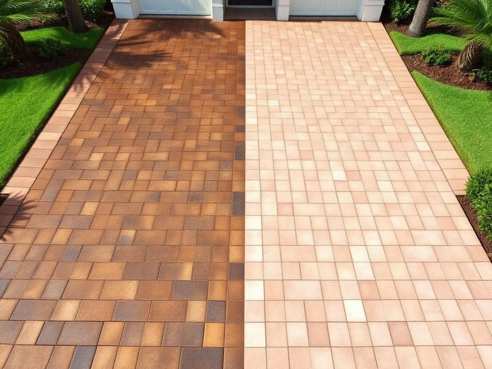 Freshly cleaned paver surface next to a landscaped area