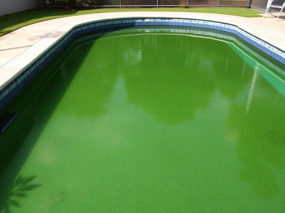 Neglected swimming pool with green algae-filled water before recovery treatment